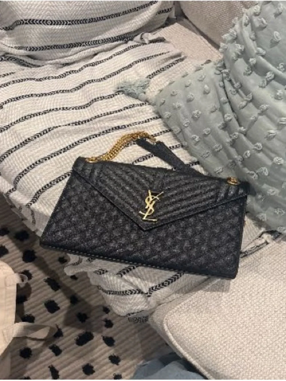 Saint Laurent Black Quilted Envelope Shoulder Bag with Gold YSL Hardware
